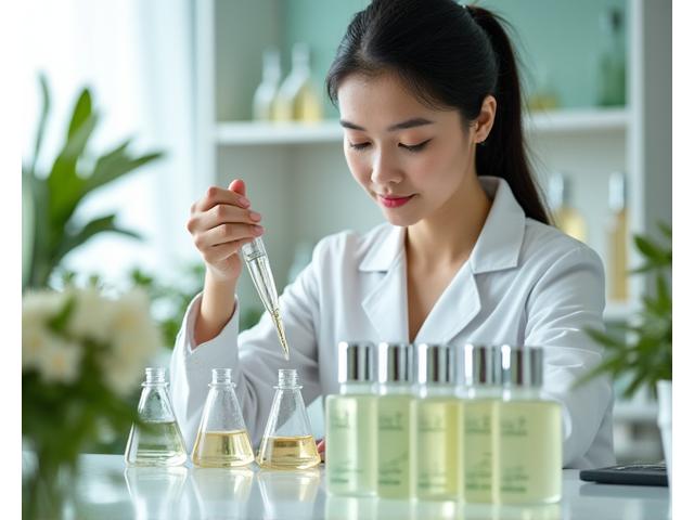 Ilustrasi seorang saintis kulit yang sedang bekerja di makmal dengan pelbagai botol losyen kustom dan bahan-bahan botani terpilih.