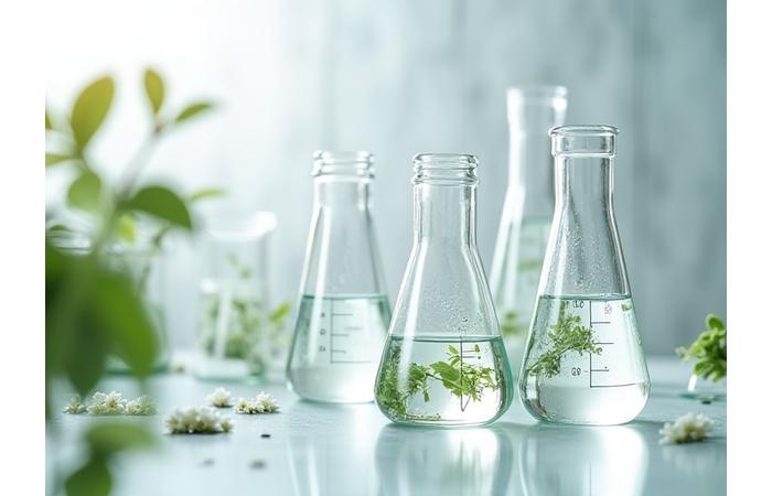 Visual proses fermentasi botani, dengan botol kaca makmal yang mengandungi ekstrak tumbuhan yang sedang difermentasi, di latar belakang makmal bersih.