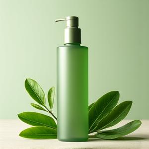 Botol toner essence dengan label hijau, dikelilingi oleh daun pandan segar.