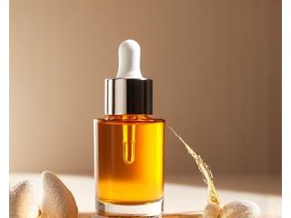 Botol serum fermentasi dengan penitis, menunjukkan cecair pekat berwarna emas.